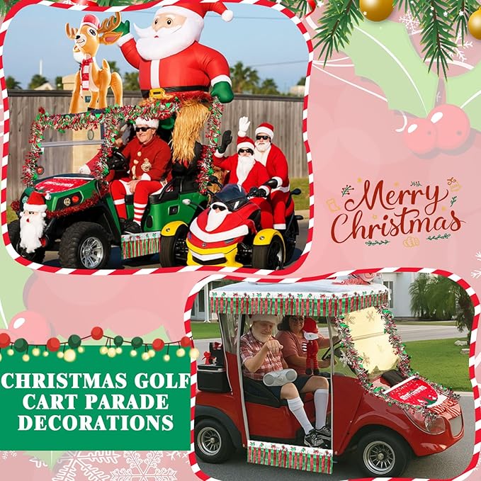 Hungdao 9 Pcs Christmas Golf Cart Parade Decorations Include 1 Pcs 4 Feet Inflatable Giant Reindeer with Bunting Flag Tinsel Garland for Christmas Car Yard Party Decoration