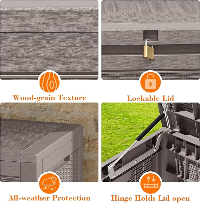 LHBcraft 100 Gallon Outdoor Storage Box Waterproof, Lockable Patio Storage Boxes Outdoor Waterproof for Furniture, Resin Deck Box Doubles as 2-Person Bench Seat, Gardening Tools, Grey
