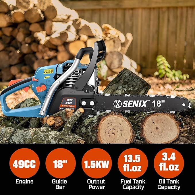 SENIX 18" Gas Chainsaw 49cc Gas Powered Chainsaws, Cordless Chain Saw for Wood Cutting and Tree Trimming, Loop Handle, CS4QL-L1