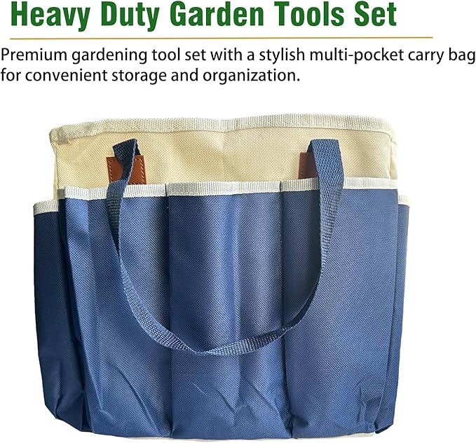Garden Tool Set, 9-Piece Heavy-Duty Gardening Tool Set with Stylish Tool Bag, Multiple Storage Pockets, Durable Garden and Weeding Tools for Men and Women for Gardening Enthusiasts