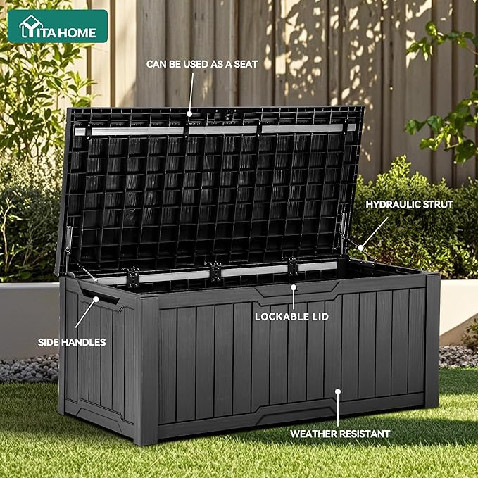 YITAHOME Outdoor Storage Box, 120 Gallon Waterproof Deck Box for Garden Tools, Patio Cushions, and Pool Accessories, Lockable, Easy Assembly, Versatile Bench or Table (Black)