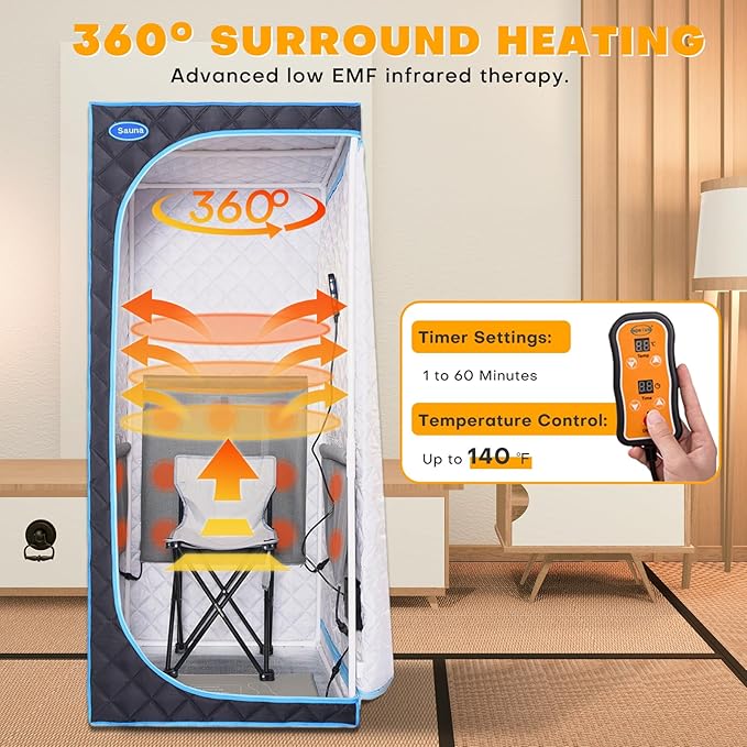 Portable Infrared Sauna for Home Full Size Personal Sauna Tent for Indoor Spa Lightweight Sauna Box with Foldable Sauna Chair, Heated Foot Pad, Remote Control 29.1"x29.1"x66.5" (Black)
