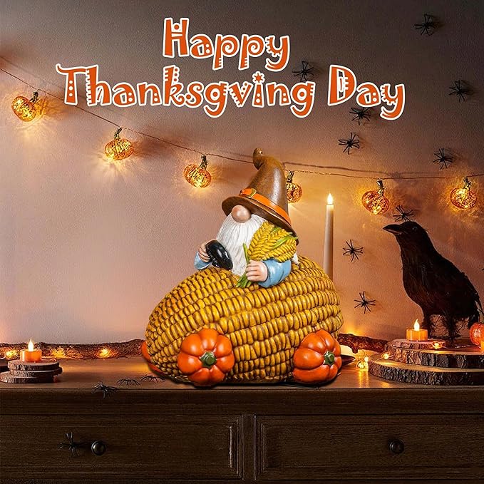 Autumn Gnome Statue Corn Car with Pumpkin Wheel Enchanting Fall Resin Figurine for Thanksgiving Party Home and Outdoor Decor