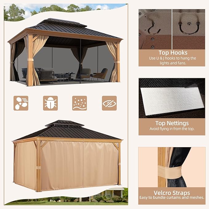 MELLCOM 10' x 12' Hardtop Gazebo, Wooden Finish Coated Aluminum Frame Gazebo with Galvanized Steel Double Roof, Outdoor Permanent Metal Pavilion with Curtains and Nettings for Patio, Lawn & Garden