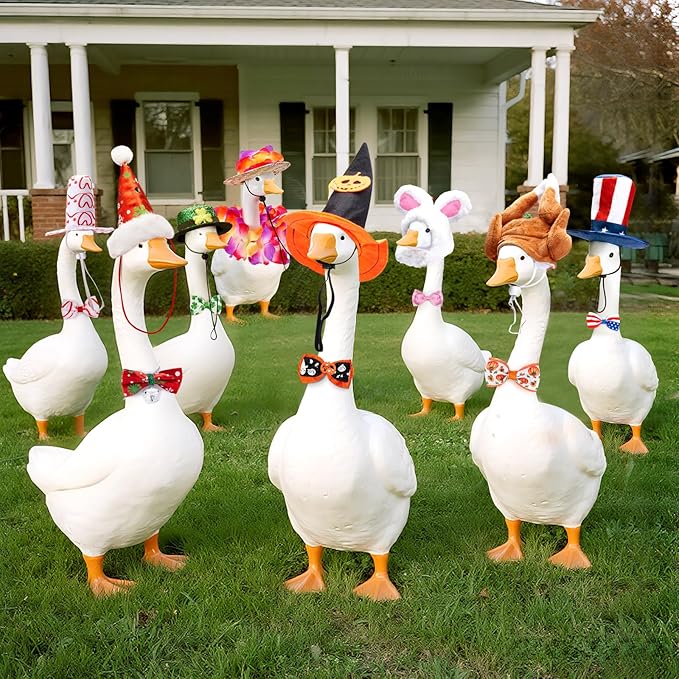 8 Set Holiday Porch Goose Outfits for 17/23" Plastic Lawn Goose - Halloween, Thanksgiving, Christmas, St. Patricks, Summer, Valentines Easter - Patio Yard Garden Decor with Hat and Bow Tie