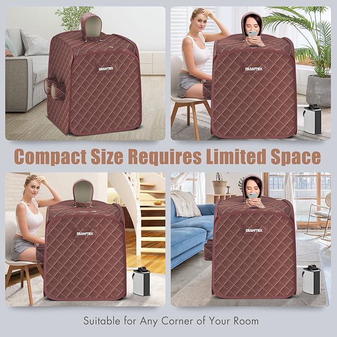 Giantex Portable Folding Sauna, 1 or 2 Person Steam Spa with Remote Control, Folding Chair, Foot Massage Roller, Absorbent Mat, 9 Temperature Levels, 3L Steamer, 800W Home Full Body Spa Tent (Brown)
