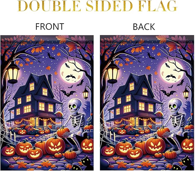 Halloween Garden Flag Skeleton Flag 12x18 Inch Haunted House Pumpkin Yard Banner Double Sided Outdoor Spooky Decor for Lawn Porch Patio Trick or Treat Holiday Seasonal House Decoration