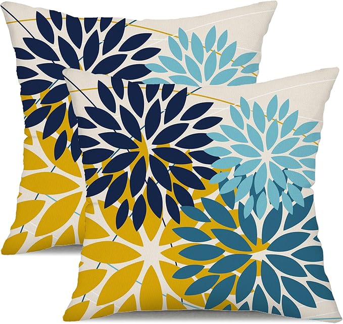DFXSZ Outdoor Pillow Covers 20x20 Inch Set of 2 Green Yellow Blue Flower Decorative Waterproof Spring Summer Outdoor Pillow Covers for Patio Funiture Garden Couch 168F20