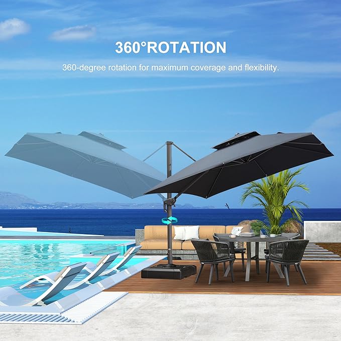 PURPLE LEAF 12 FT Cantilever Patio Umbrella Outdoor Umbrella with 330lbs Base Large Square Windproof Offset Umbrella for Pool Deck Garden, Graphite Grey