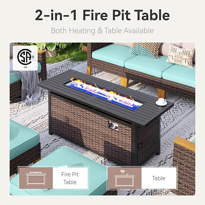 GREEN PARTY 9 Pieces Wicker Patio Furniture Set with 56" Fire Pit Table, All-Weather Outdoor Rattan Patio Sectional Sofa Conversation Set 9 Seats with 4" Thick Cushions for Garden, Backyard (Blue)