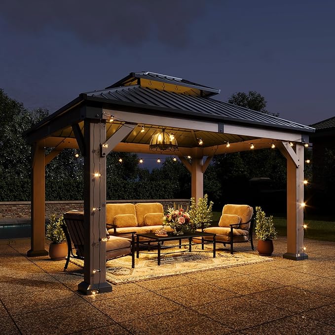 Aoxun 10' x 12' Outdoor Wood Gazebo, Hardtop Gazebo Permanent Wooden Pavilion with Galvanized Steel Double Roof, for Patio, Garden, Deck, Cedar Wood
