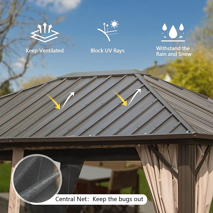 Domi 10'x12' Hardtop Gazebo Canopy,Outdoor Metal Gazebo with Galvanized Steel Roof,Curtain and Netting,Permanent Gazebos Pavilion for Patio Deck,Backyard