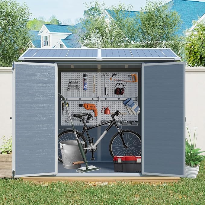 LANTRO JS Plastic Storage Shed with Floor, Resin Shed with Floor, 8x4FT Outdoor Shed with 2 Windows and Lockable Door Sheds for Garden Tools, Bike