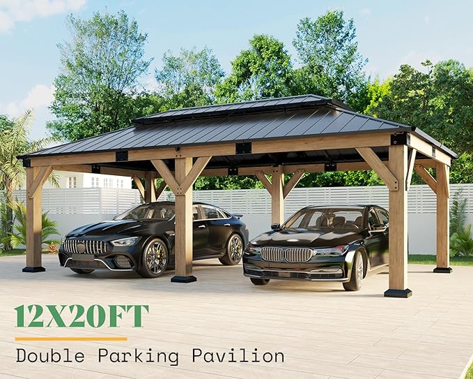 AMERLIFE 12x20 ft Hardtop Gazebo, Spruce Wood Gazebo with Iron Double Roof, Outdoor Pergola with Wood Frame for Garden, Porch, Patio, Charcoal Gray + Brown Gray