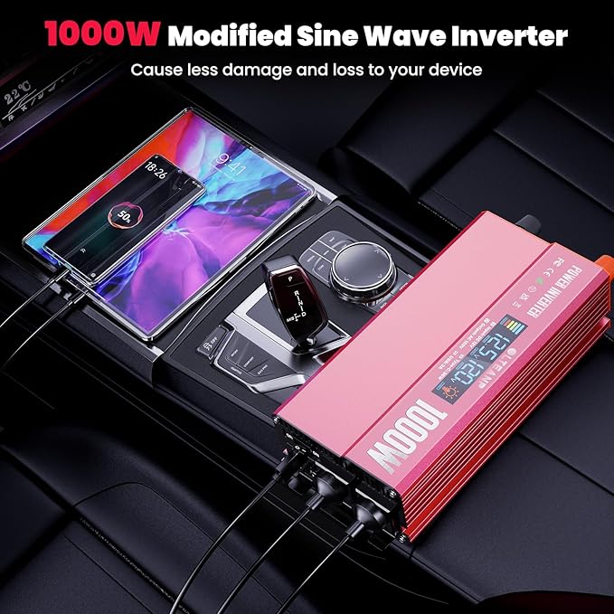 1000W Power Inverter with LCD Screen Display, 2 AC Outlets, 36W Type-C Port, 5V/3A USB Port, 12V DC to 110V/120V AC Inverter for Truck, Home, Vehicles, Laptop, Trip