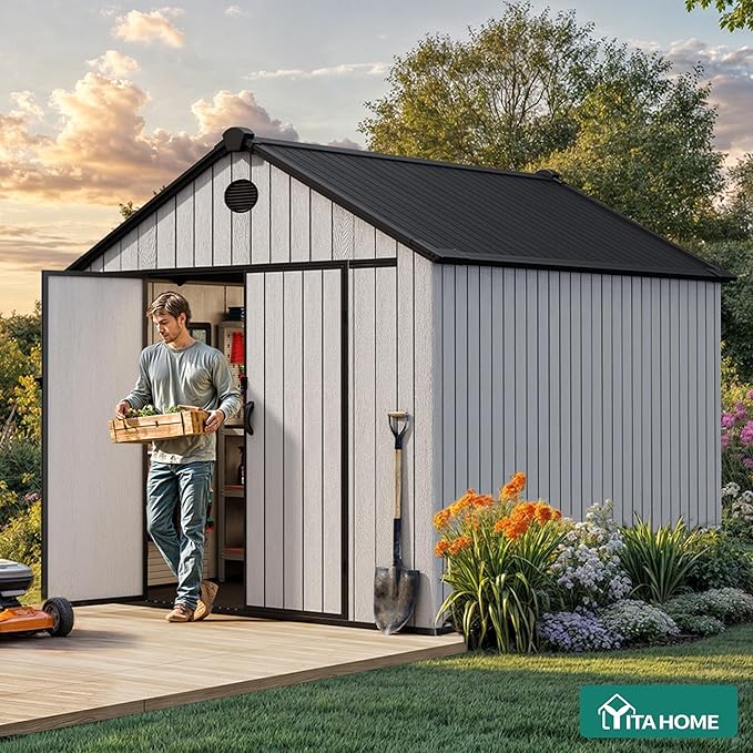 YITAHOME 8x10 FT Outdoor Storage Shed with Floor, Plastic Garden Shed for Bikes, Tools, Supplies, Waterproof Resin Shed with Lockable Doors, 2 Windows & 2 Vents for Patio, Backyard, 556 cu. Ft., Gray