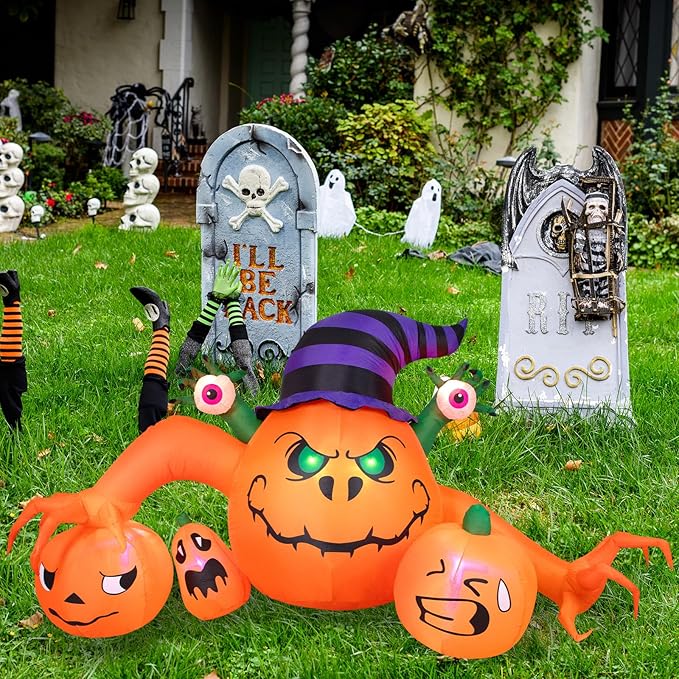 8FT Long Halloween Inflatable Outdoor Decorations, Pumpkin Decorations with Build-in LED Lights, Blow Up Jack-o-Lantern for Indoor Outdoor Halloween Party, Yard, Garden, Lawn