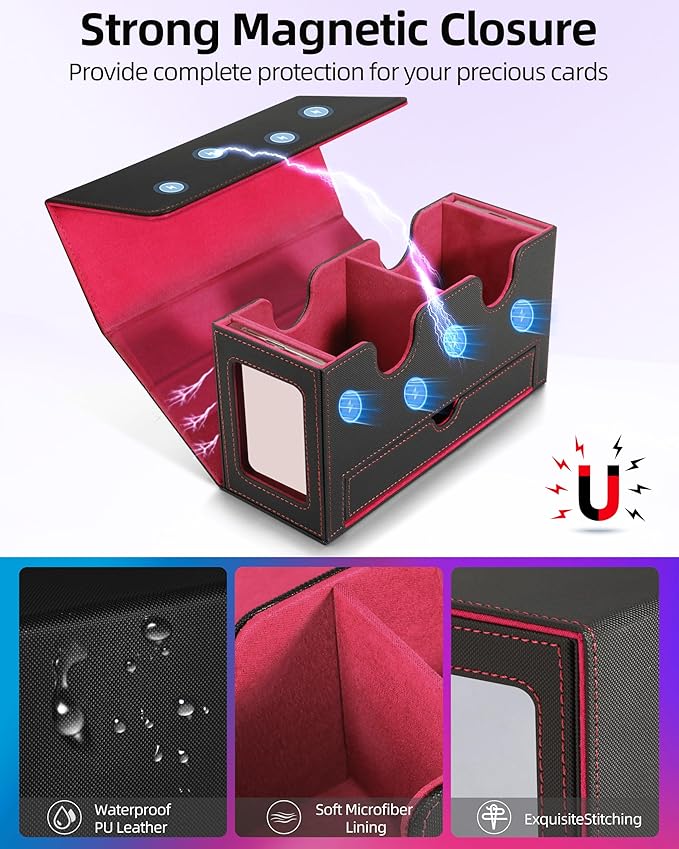 MTG Deck Box, MTG Commander Card Deck Box with Commander Display, Fits 250+ Single Sleeved, Double Card Storage Box with Dice Tray, Magnetic Card Storage Case for CCG TCG Sports Cards, Black Red