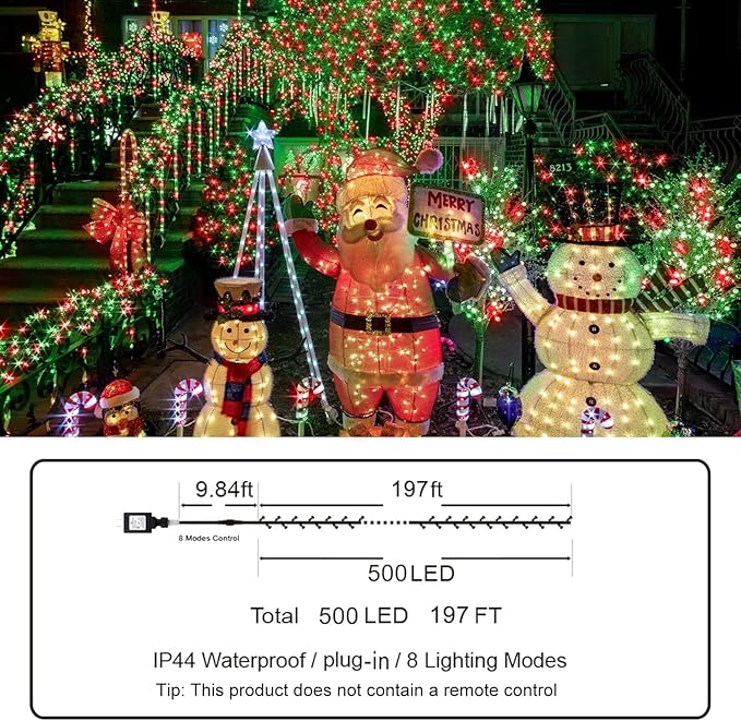 KNONEW Outdoor Christmas Lights 500 LED 197ft String Lights 8 Modes & Memory Fairy Light Plug in Waterproof LED String Lights for Xmas Yard Tree Wedding Decoration (Red and Green)