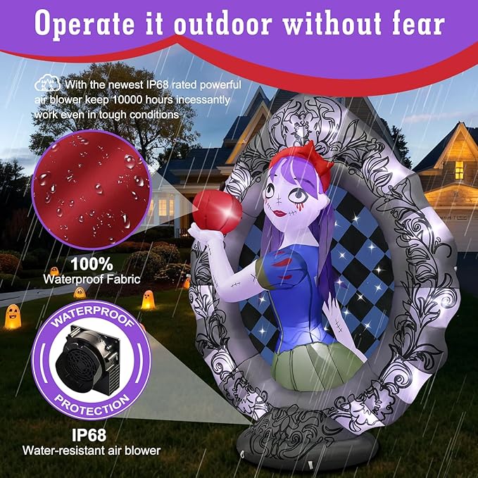 8Ft Tall Giant Halloween Inflatables Snow White Outdoor Decorations, Blow Up Magic Mirror Yard Decor Build-in Flash Lights for Outside Party Lawn Garden