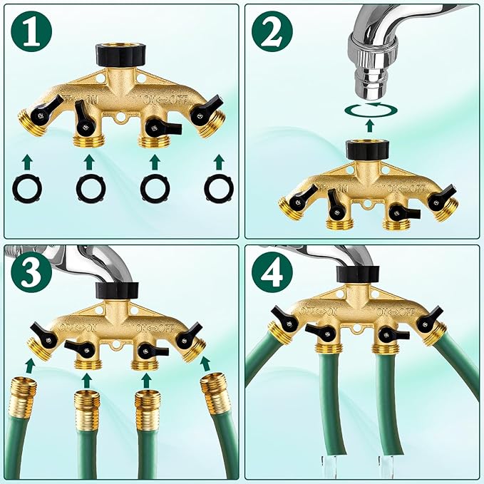Dalmbox Garden Hose Splitter 4 Way, Water Hose Splitter, 3/4" Heavy-Duty Brass Garden Hose Splitter, Includes 5 Rubber Washers & Teflon Tape(1 pack)