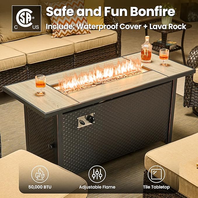 ovios 7 Pieces Patio Furniture Set, Outdoor Wicker Sofa Couch with Swivel Chairs 54" Fire Pit Table, High Back All Weather Modern Conversation Sets, Brown Rattan, Beige