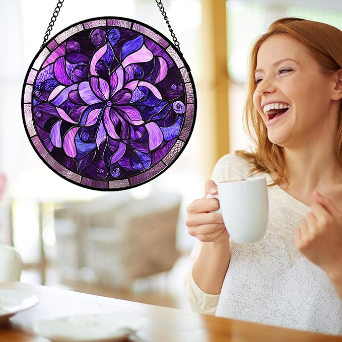 Stained Glass Window Hanging - Purple Abstract Flower Suncatcher for Door Garden Patio Sun Catchers Decor Christmas Mother's Day Birthday Gifts for Women Men Mom Nana Aunt Friend 6.3 in