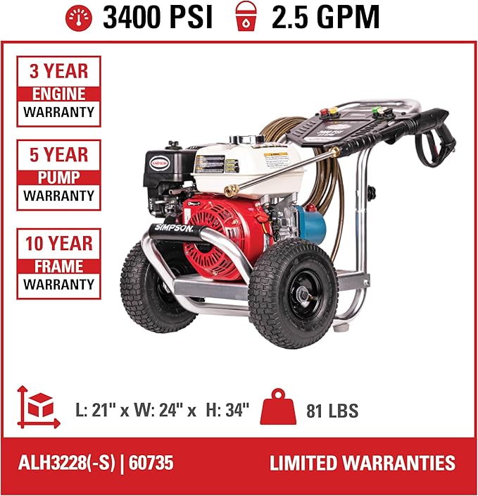 Simpson Cleaning 3400 PSI Gas Pressure Washer, 2.5 GPM Power Washer for Commercial Use, Honda GX200 Engine, 25-Foot Hose, Aluminum Series, 49-State (ALH3228-S)