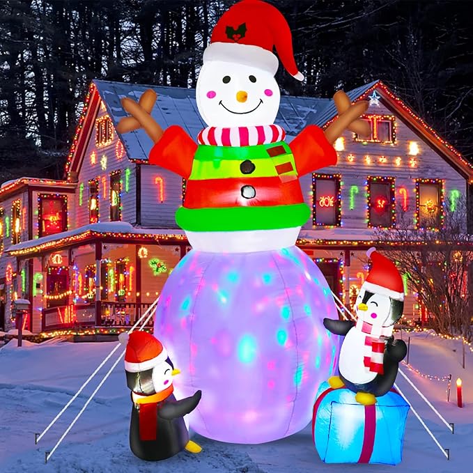 8FT Christmas Inflatables Outdoor Decorations Ugly Sweater Snowman Inflatable Yard Decorations with Rotating LED Christmas Blow-up Yard Decorations for Outdoor Indoor Lawn Garden