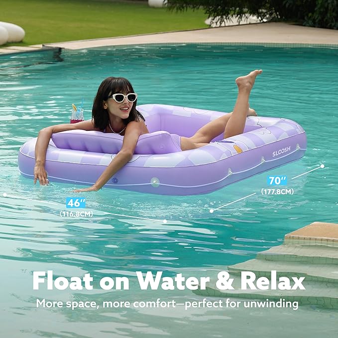 SLOOSH Inflatable Tanning Pool Lounger Float, 70" x 46" Pool Floats Adult with Pillow, 4 in 1 Suntan Tub Raft Floatie,Sunbathing Bed Lounge for Water Blow Up Ball Pit Party Gifts