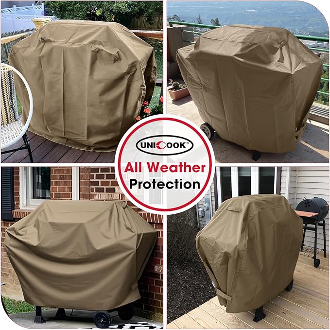 Unicook Grill Cover 60 Inch, Heavy Duty Waterproof Gas Grill Cover for Outside, Fade Resistant Barbecue Protector with Sealed Seam, Fits Weber Char-Broil Nexgrill BBQs up to 58" Wide，Neutral Taupe