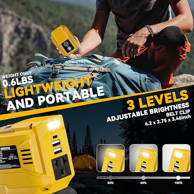 200W Power Inverter for Dewalt 20V, DC 20V to AC 110V Inverter, Portable Power Station with 2 USB Ports & 1 AC Outlet & 1 Type-C Fast Charging, Battery Adapter with LED, Battery Not Included