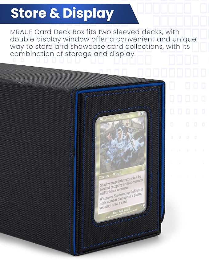 MRAUF MTG Deck Box with Double Commander Display and Dice Tray, Fits 200+ Double Sleeved Cards, Card Storage Box Plus 2 Magnetic Holders& 100Pcs Card Sleeves (Black& Blue)