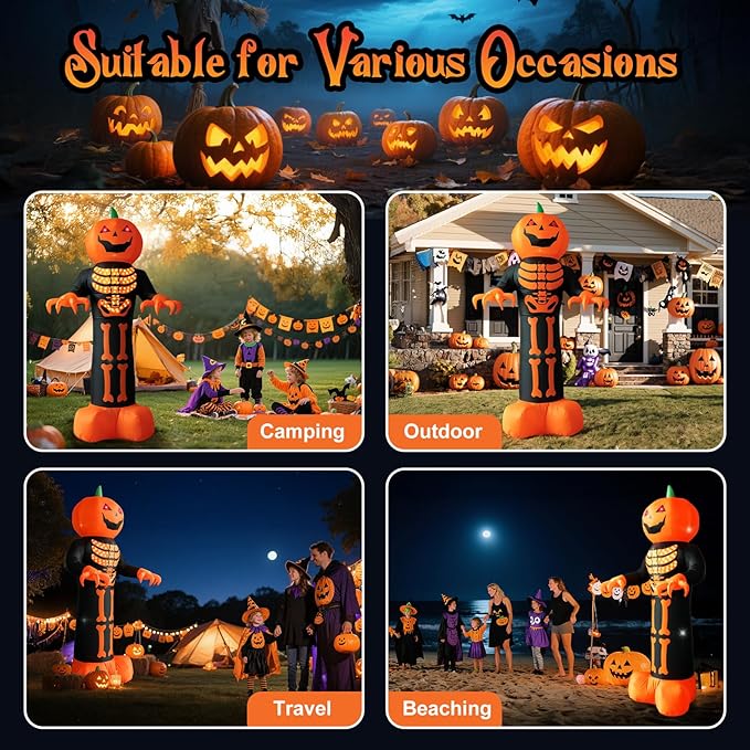HFO 8 FT Halloween Inflatables Outdoor Decoration Pumpkin Reaper Ghost with Magic Lightshow Bones and Flashing Eyes Blow Up Yard Decoration with LED Lights Holiday Party Yard Lawn Decor