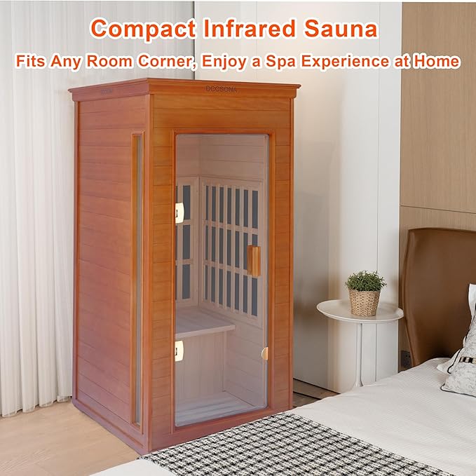 Far Infrared Home Sauna 1 Person, 1000W 110V Dry Indoor Sauna Okume Wood with 4 Heating Panels, Bluetooth Speaker, LED Lights and Glass Door, Room: 37.8 x 30.3 x 65.4 inches
