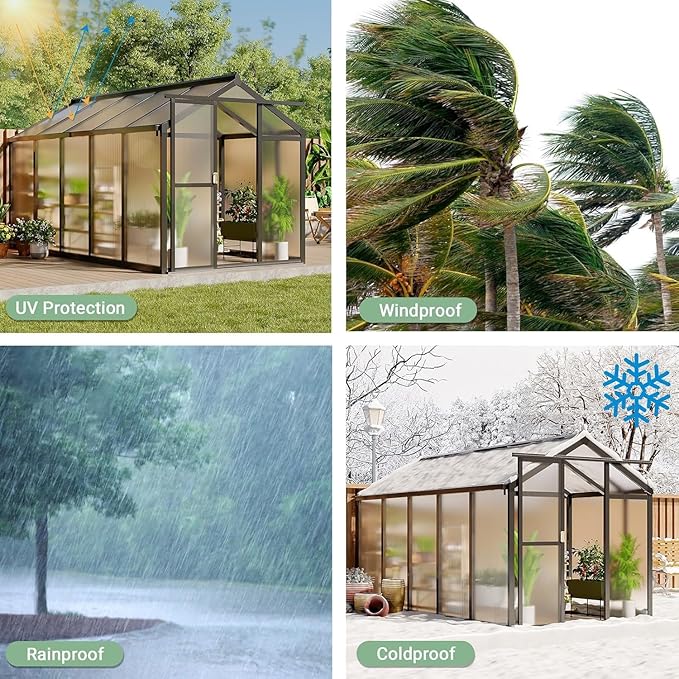 6 x 10 ft Greenhouse, Greenhouses for Outside, Polycarbonate Greenhouse with Aluminum Frame, Lockable Door and Ajustable Roof Vent for Backyard, Green Houses for Outside Garden Backyard, Patio
