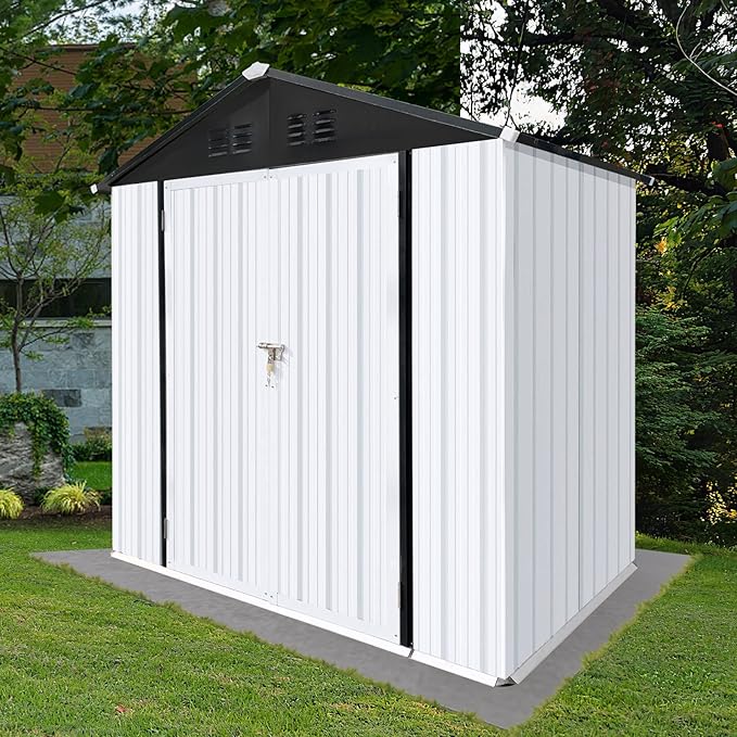 6 x 4 FT Metal Outdoor Storage Shed & Double Hinged Large Door - Heavy-Duty Shed with Floor, Lockable & Ventilation - Rainproof Windproof Large Utility Garden Shed for Backyard Patio Lawn - White