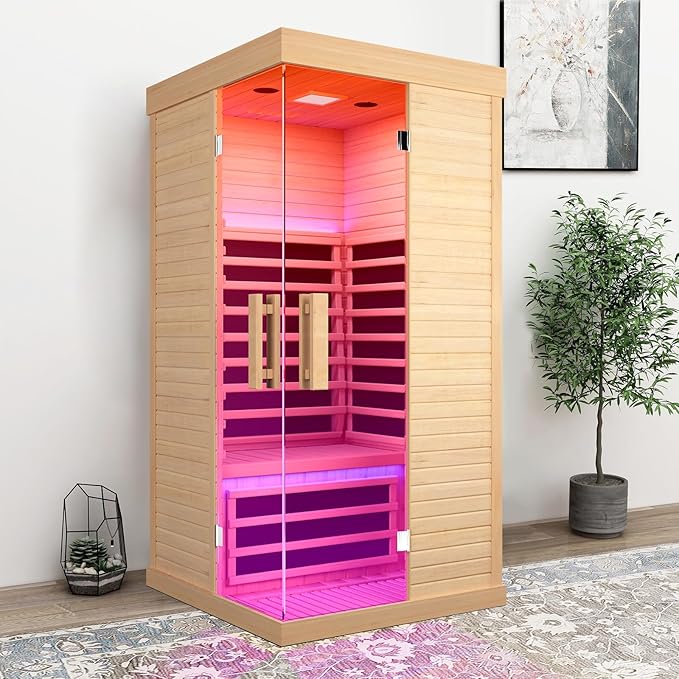 Sauna Room Indoor Far Infrared Saunas Home Canadian Hemlock 1420W Low-EMF Dry Saunas Single Person Spa with Oxygen Bar 7 Color Therapy 33.5 * 33.5 * 70.8 inch