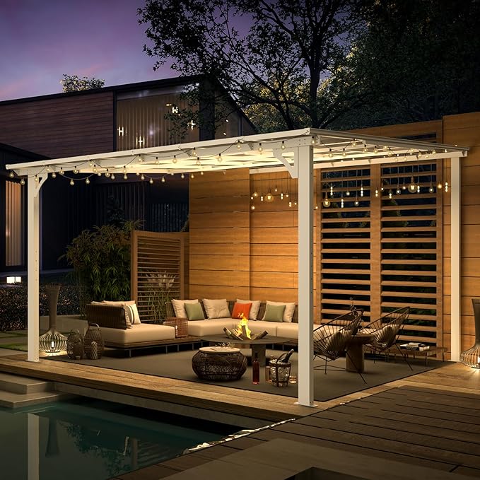 AECOJOY 12' x 12' Gazebo in White, Large Outdoor Wall Mounted Gazebos on Clearance, Patio Lean to Gazebo Metal Awnings for Decks,Patio, Porch, Backyard and More