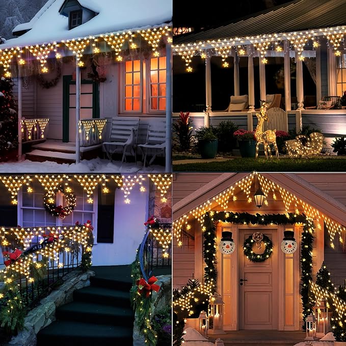 Christmas Lights Outdoor Decorations 218 LED 13.8ft Curtain Fairy Lights with 12 Drops, Clear Wire LED String Light Decor with 8 Modes for Wedding Party Holiday Christmas Indoor Outdoor Decor