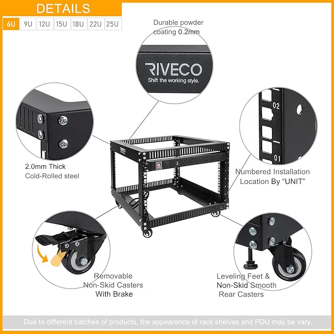 RIVECO 6U Server Rack with Wheels Open Frame Networking Rack+ PDU 8 Outlets Set Black