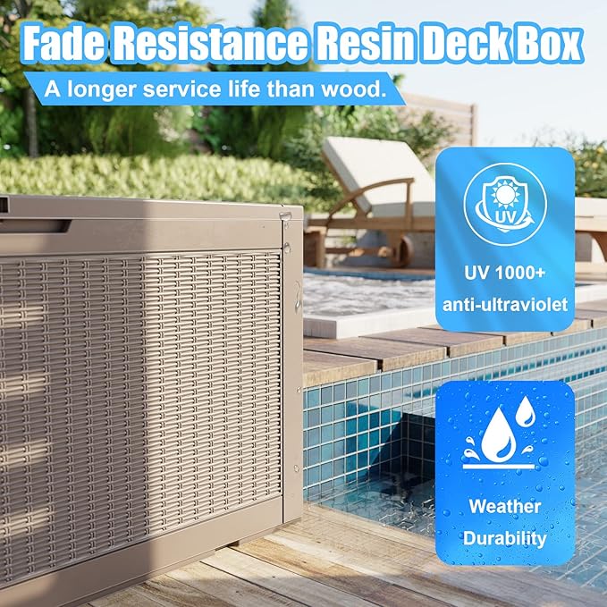 ROJIK Outdoor Storage Housing Deck Box - Waterproof Patio Furniture, Garden Tools, Cushions, Pool Accessories Storage Bench with Lockable Lid and Side Handles (Grey 100 Gal)