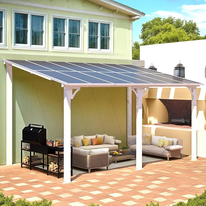 AECOJOY 14' x 8' White Gazebo Outdoor Pergola for Patio, Hard Top Lean to 8x14 Gazebo Shelter Pergolas and Gazebos Clearance with Patio Roof, Large Wall-Mounted Heavy Duty Awnings for Patio