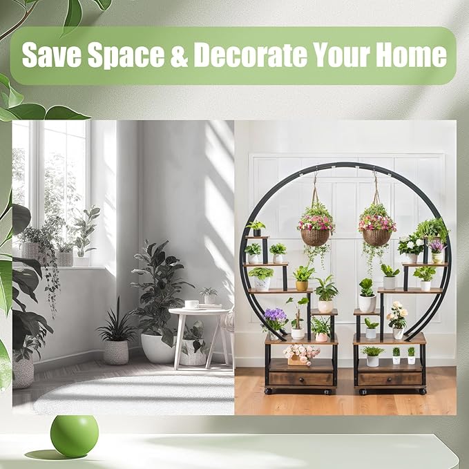 Plant Stand Indoor: 6-Tier Plant Stand Metal Display with Wheels Hanging Planters for Indoor Plants/Books/Fashion Accessories 2pcs