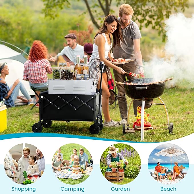 Collapsible Wagon with Tailgate, Ultra-Compact & Portable Folding Wagon with 350lbs Capacity, Lightweight Portable Utility Wagon Cart for Shopping Camping Sports Garden (Black)