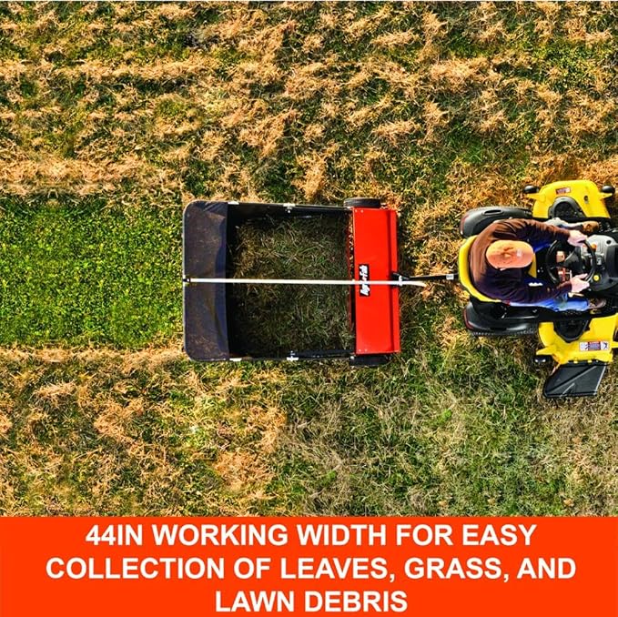 Agri-Fab 45-0492 44" Tow-Behind Lawn Sweeper, 28 cu. ft Hopper Bag Capacity; Leaf & Grass Catcher, with Adjustable Brush Height and Dump From Seat Handle