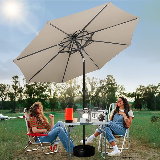 FLAME&SHADE 9ft Patio Umbrella - 2 Tiers Outdoor Umbrella with Push Button Tilt and Crank for UV Protection, Table Market Umbrella for Garden, Deck, Backyard, Pool and Beach(Taupe)