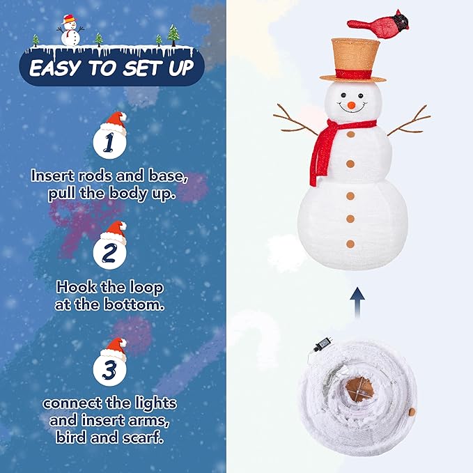 NALONE 4 FT Christmas Lighted Snowman with 100 LED Lights & Timer, Collapsible Snowman Christmas Decorations Outdoor Yard Home, Fluffy Snowman with Bird