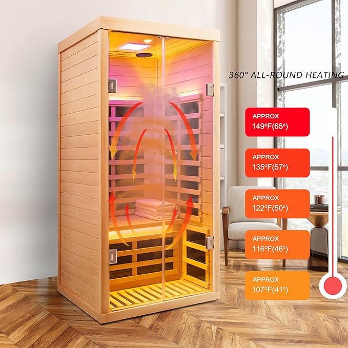 Hemlock 1 Person Infrared Sauna for Home, Luxury Personal Indoor Sauna Spa, 1420w/120v Ultra Low EMF Infrared Sauna, App&LCD Panel Controls, Bluetooth Speakers, Chromotherapy Lights, Reading