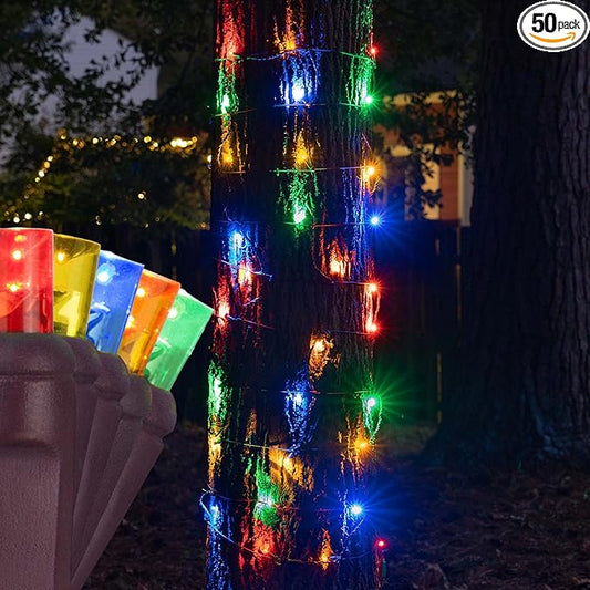 50 Multicolor StretchNet Pro Expandable Christmas Net Lights for Medium Trees, LED Tree Wrap Lights - 20" x 45" Stretchable Net - Brown Wire Outside Christmas Lights